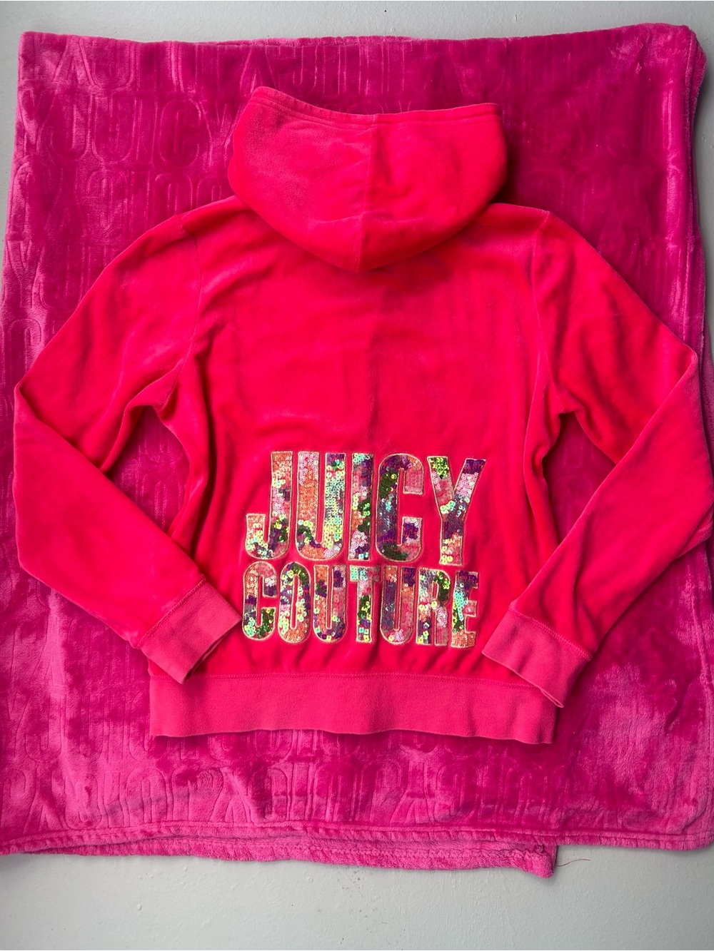 Juicy Couture Hot Pink Velour Zip with Multicolour Sequin Logo